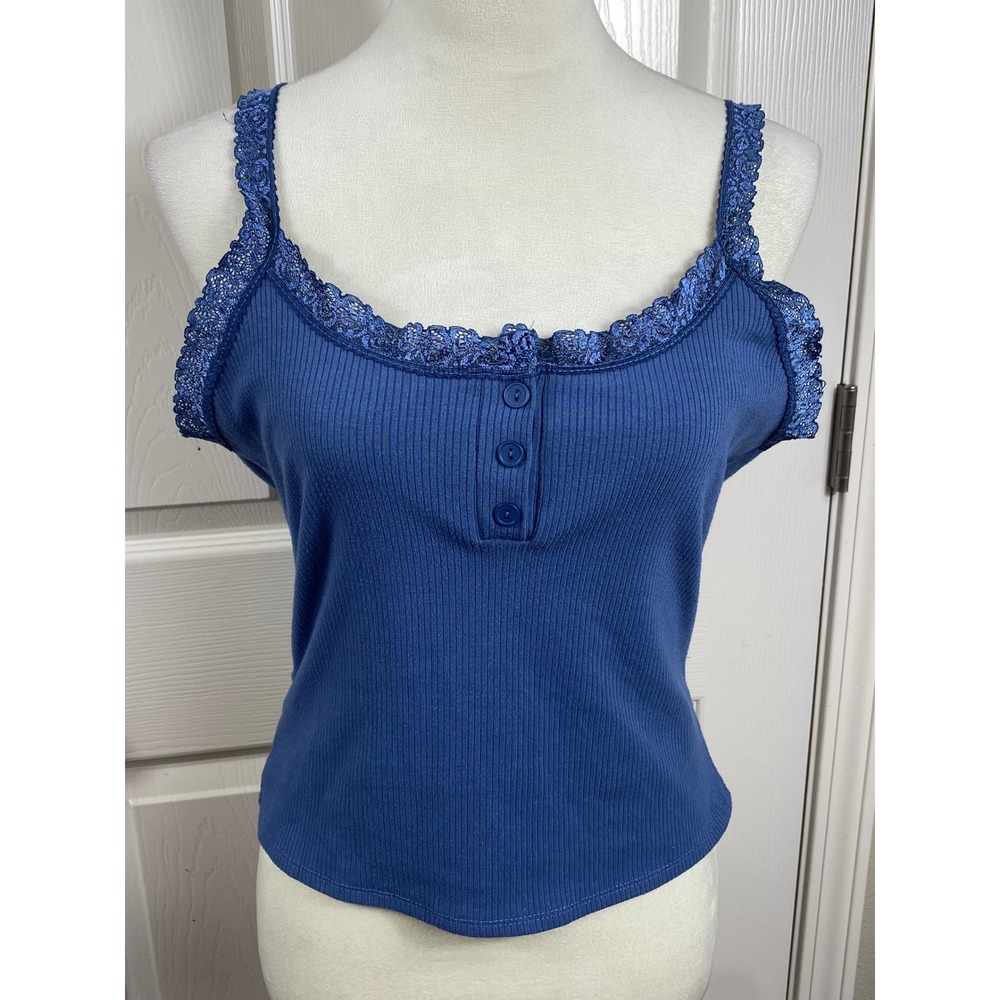 Vibe‎ Sportswear Women's XL Tank Top Blue Lace Trim Ribbed Y2K